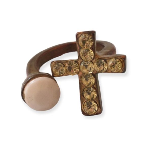 Brass Cross Open Ring Sz 5.5 or 6 Goth Handmade Rhinestone Victorian Religious - Picture 2 of 16
